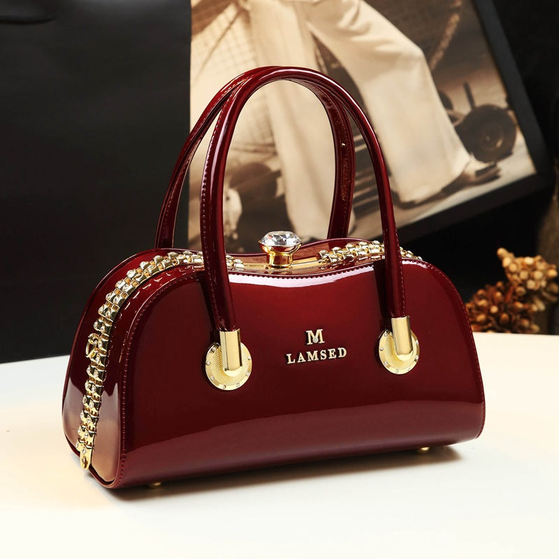 Sarah Express Structured Patent Finish Top Handle Handbag
