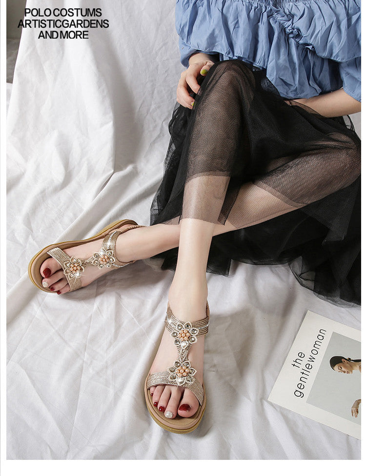 Sarah Express Boho Rhinestone Flower Flat Sandals