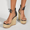 Sarah Express Hemp Rope Platform Wedge Sandals Black