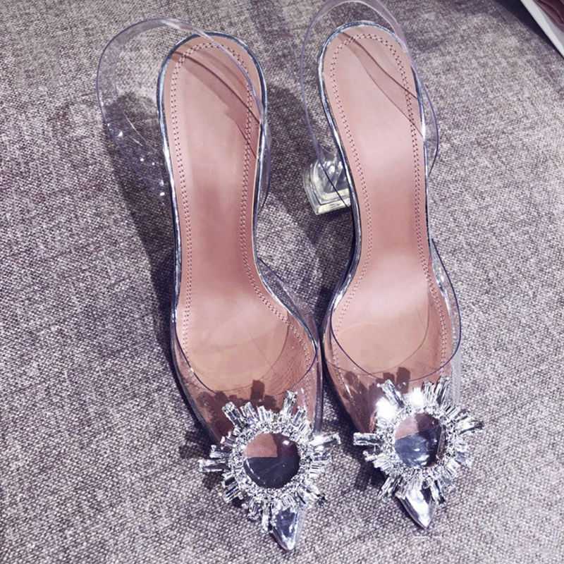 Sarah Express Elegant Rhinestone Pointed Toe Clear Heels Silver