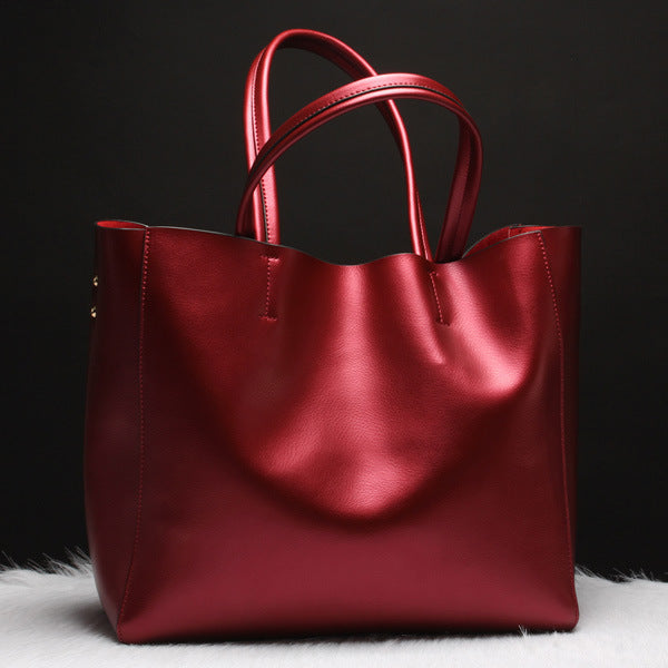 Sarah Express Structured Cowhide Leather Shoulder Tote Bag Wine Red
