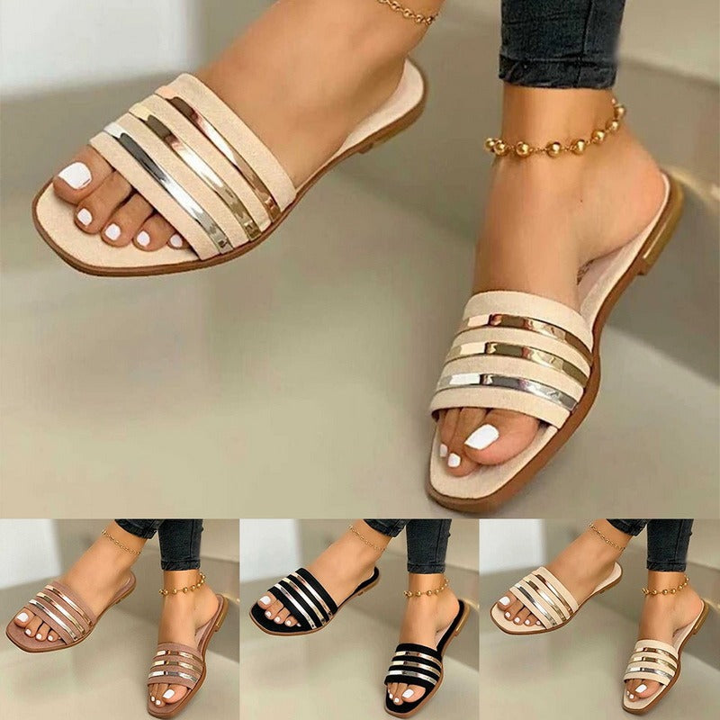 Sarah Express Women's Metallic Strap Flat Slide Sandals
