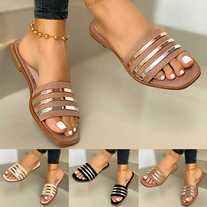 Sarah Express Women's Metallic Strap Flat Slide Sandals