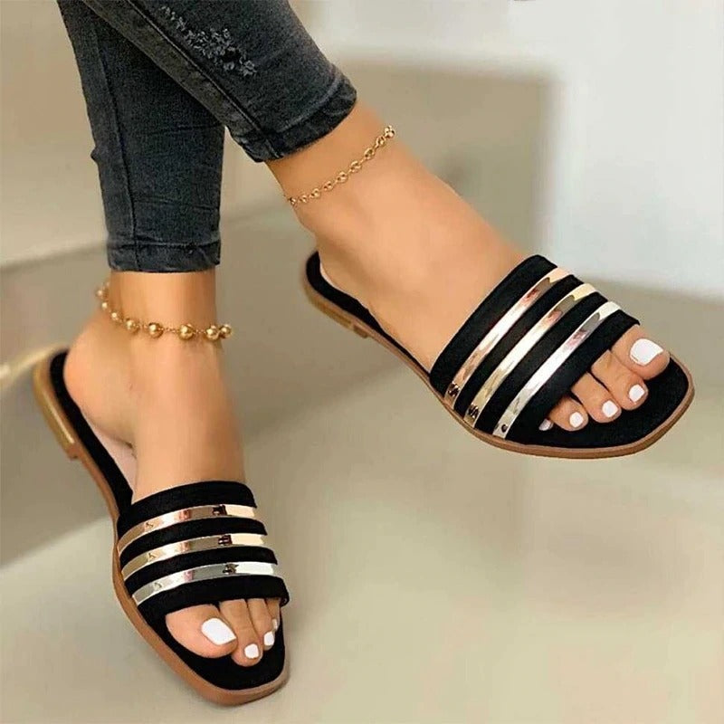 Sarah Express Women's Metallic Strap Flat Slide Sandals