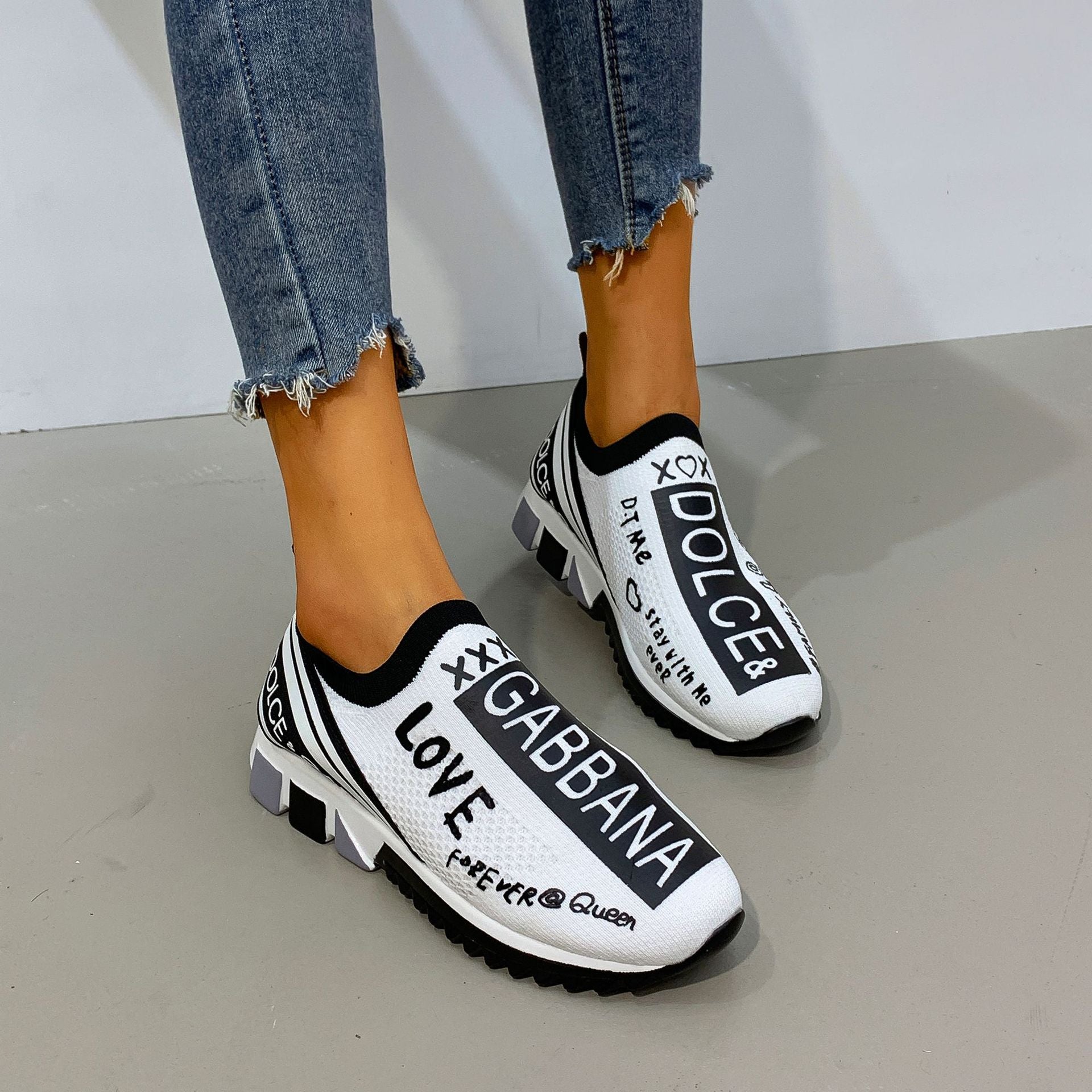 Sarah Express Graphic Print Slip-On Flat Sneakers White
