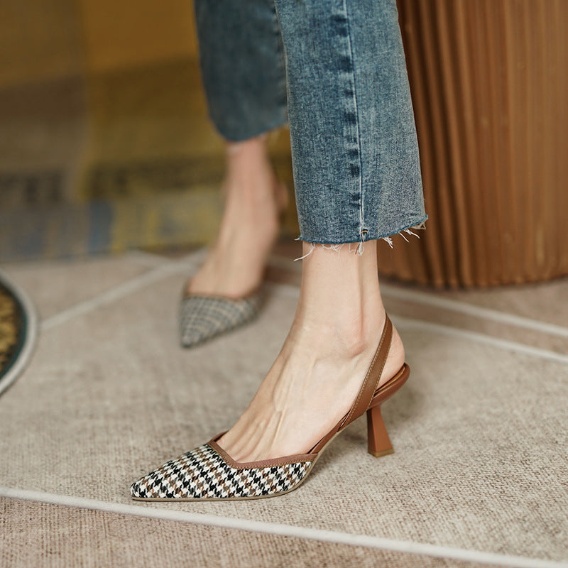 Sarah Express Vintage Houndstooth Slingback Stiletto Sandals Brown