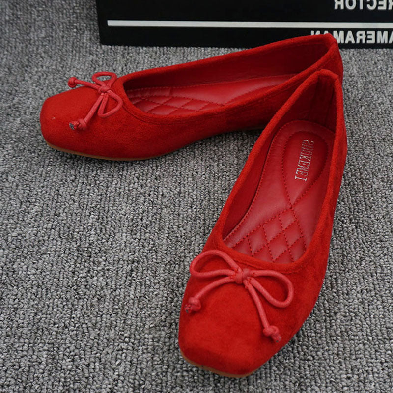 Sarah Express Women's Velvet Bow Square Toe Flats Red