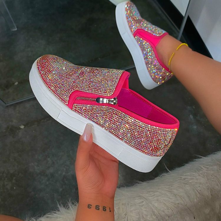 Sarah Express Rhinestone Embellished Slip-On Flat Shoes Pink