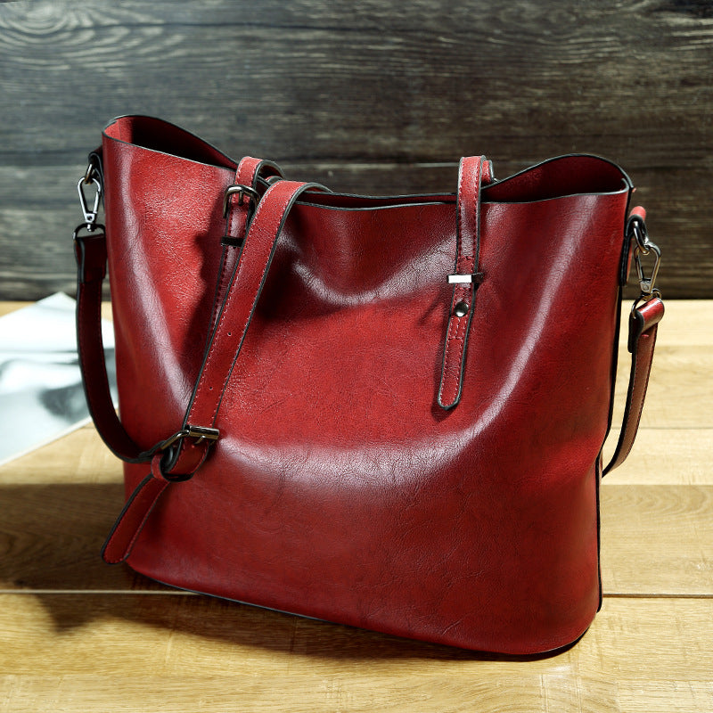 Sarah Express Structured Oil Wax Leather Messenger Tote Red