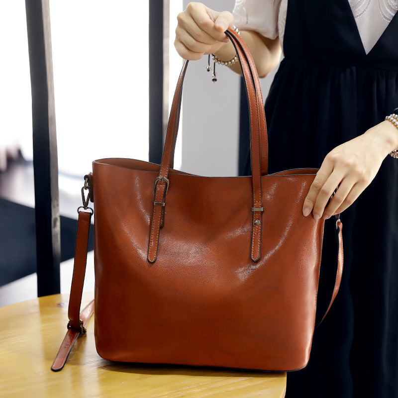 Sarah Express Structured Oil Wax Leather Messenger Tote