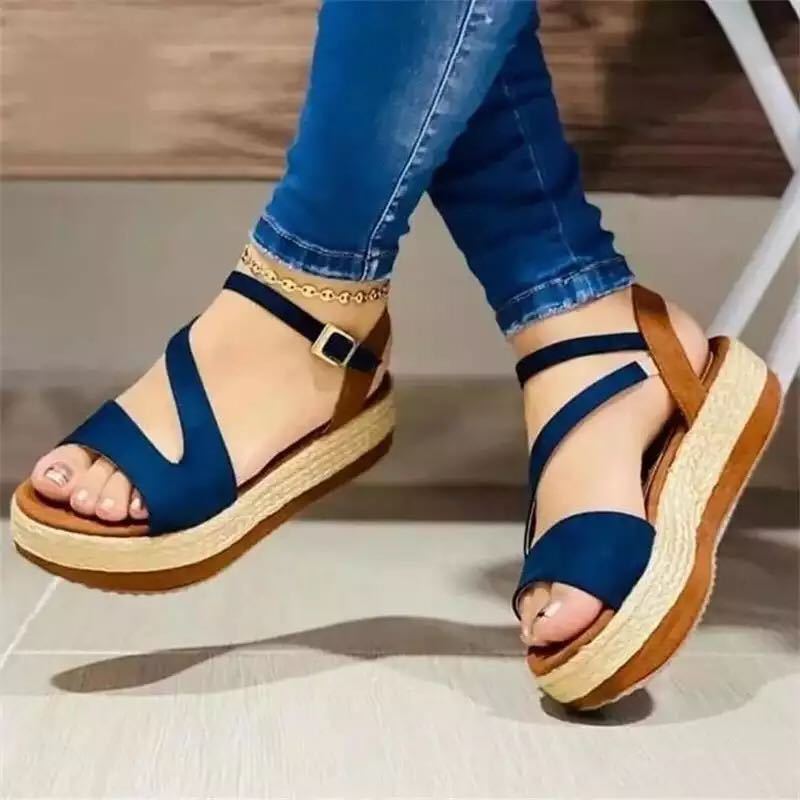 Sarah Express Women's Hollow Cutout Platform Roman Sandals Blue