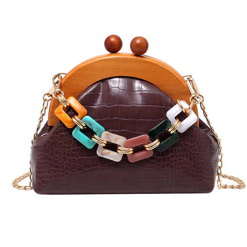 Sarah Express Shell Clutch with Diamond Detail Chain Dark brown