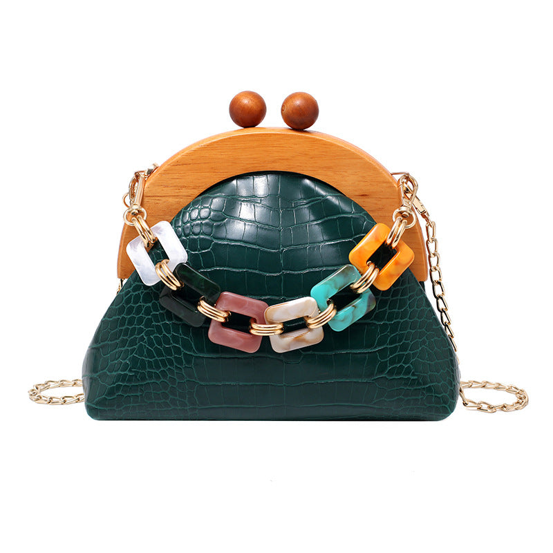 Sarah Express Shell Clutch with Diamond Detail Chain Green