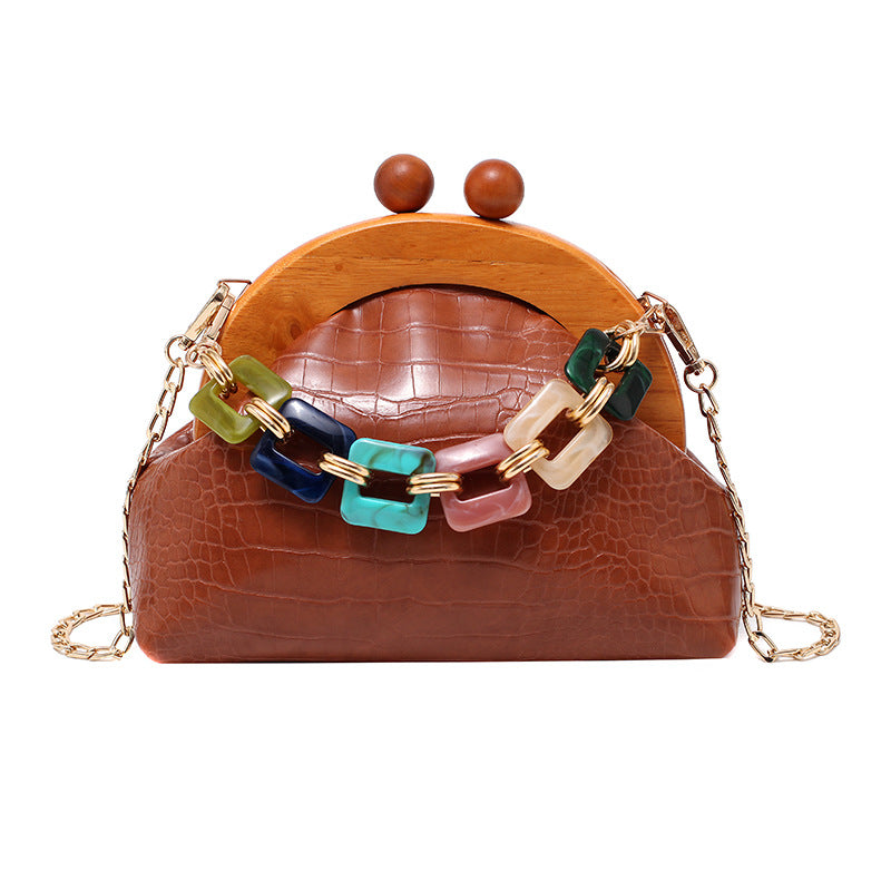 Sarah Express Shell Clutch with Diamond Detail Chain Brown