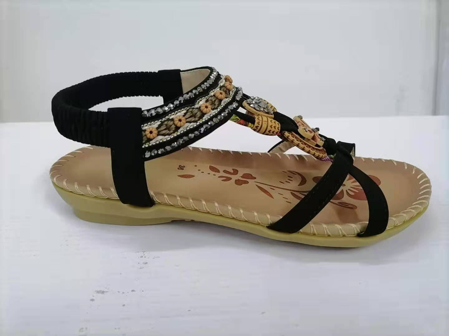 Sarah Express Rhinestone Flower Flat Sandals Black