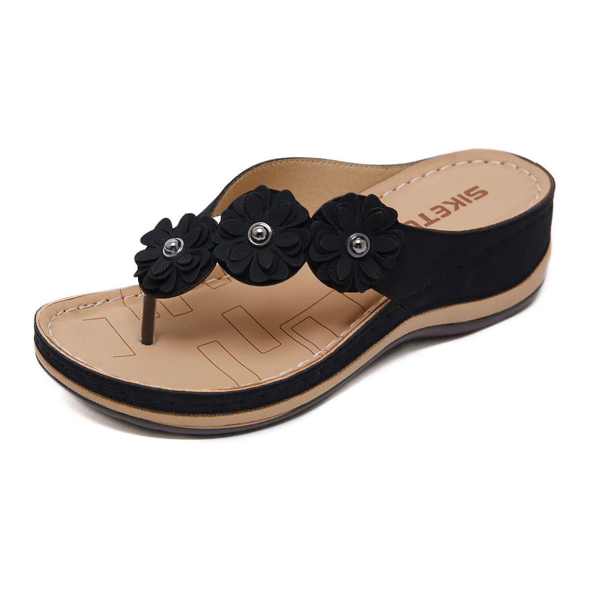 Sarah Express Floral Wedge Sandals Retro Summer Slides Black