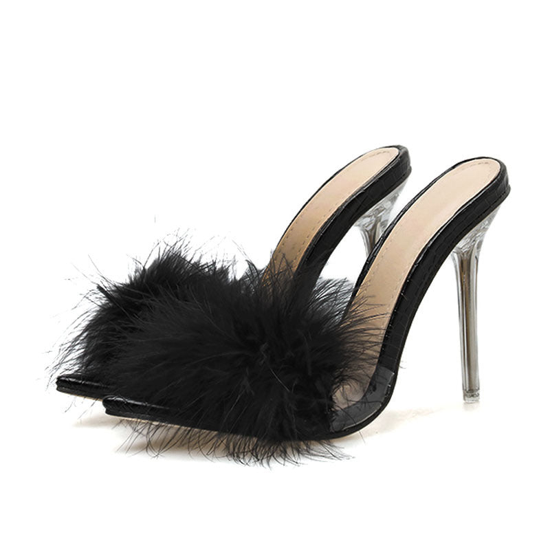 Sarah Express Crystal Feather Mule High Heel Sandals