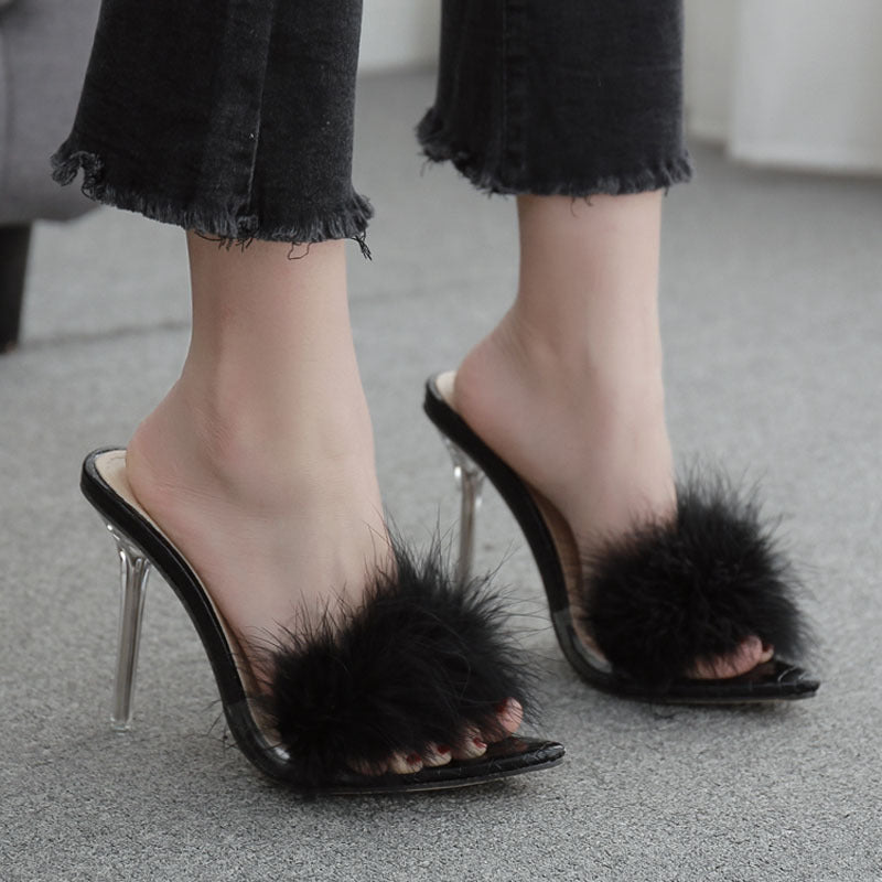 Sarah Express Crystal Feather Mule High Heel Sandals