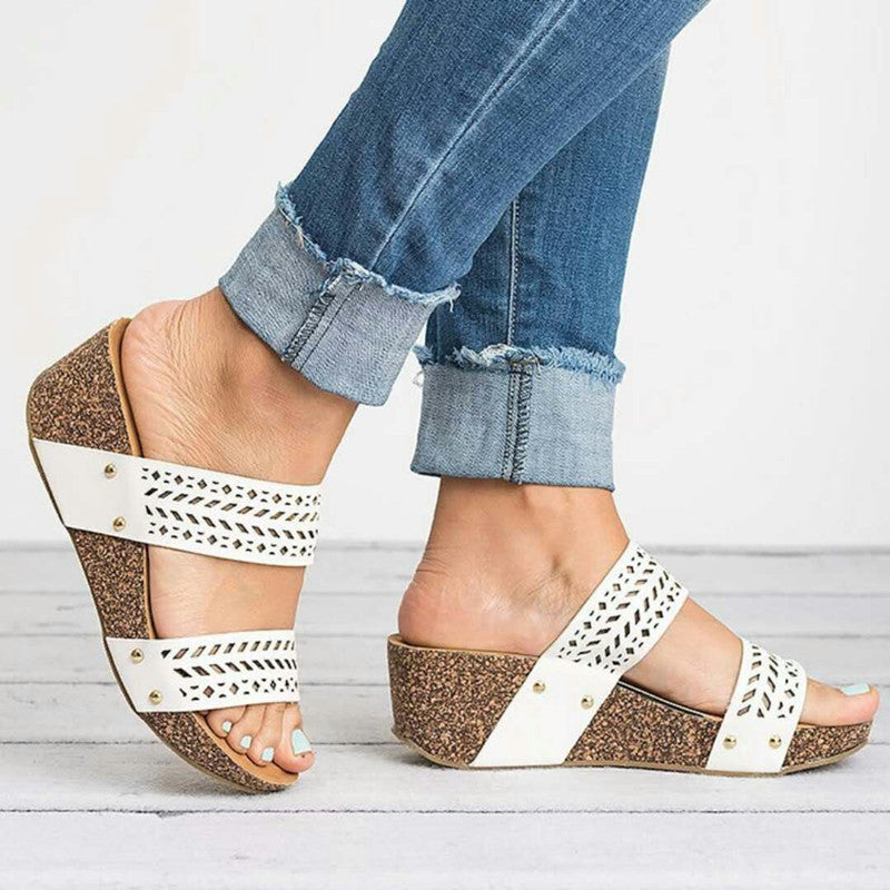 Sarah Express Women's Laser Cut Wedge Sandals White