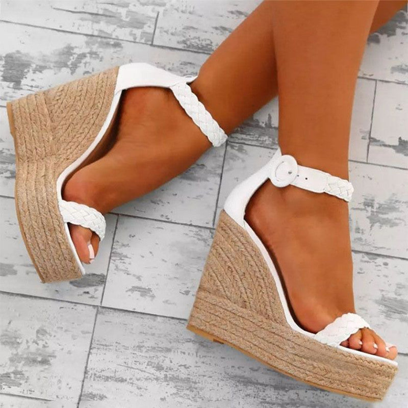 Sarah Express Women's Braided Strap Wedge Sandals White