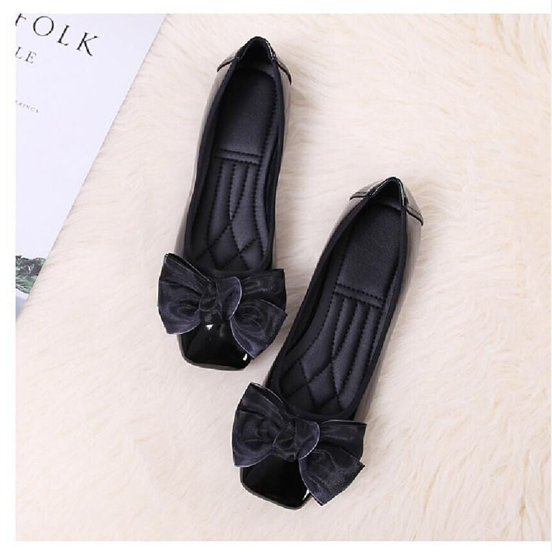 Sarah Express Elegant Square Toe Bow Ballet Flats Black