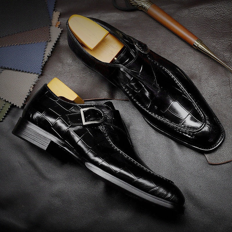 Sarah Express Men's Crocodile Pattern Monk Strap Loafers Black