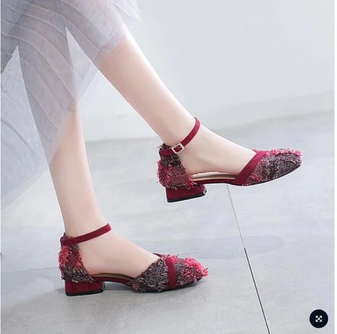 Sarah Express Ankle Strap Low Heel Suede Flats
