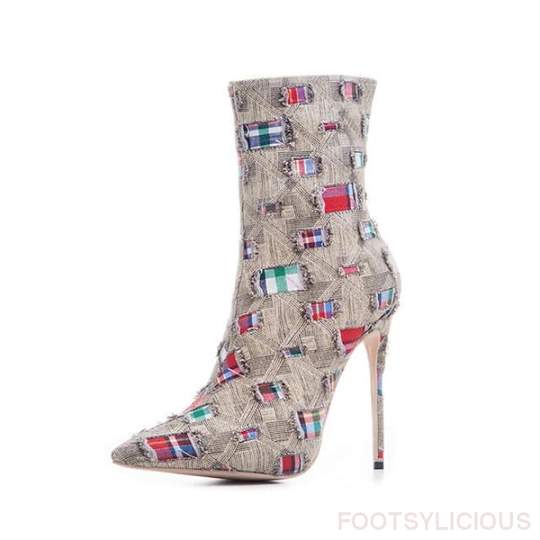 Sarah Express Patchwork Denim Stiletto Ankle Boots Khaki