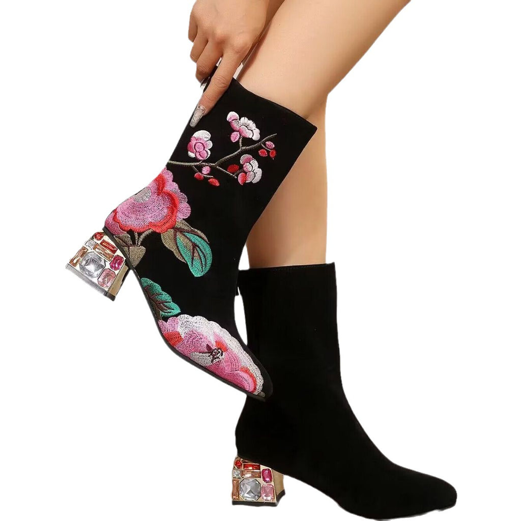 Sarah Express Vintage Floral Embroidered Mid-Calf Boots