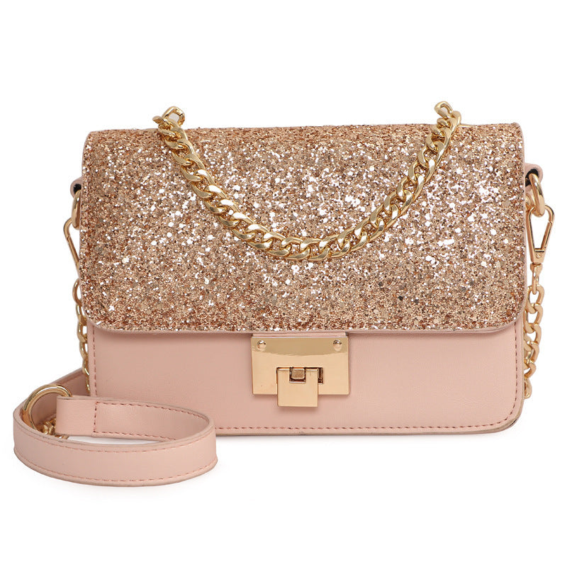 Sarah Express Sequined Square Shoulder Bag with Chain Pink