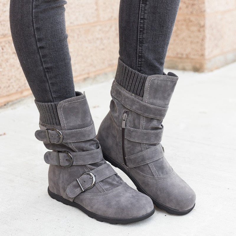 Sarah Express Women's Buckle Strap Flat Ankle Boots