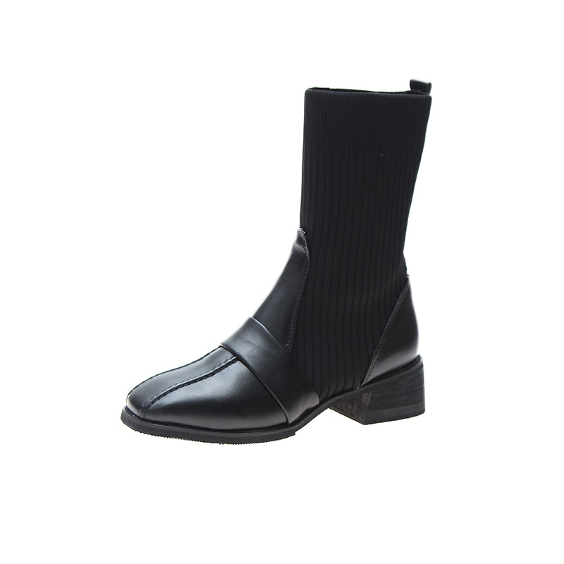 Sarah Express Square Toe Knitted Mid-Tube Martin Boots