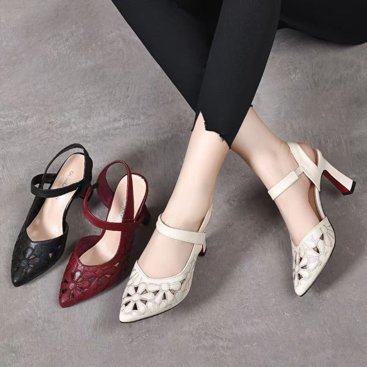 Sarah Express Pointed-Toe Cutout Cowhide High-Heel Sandals