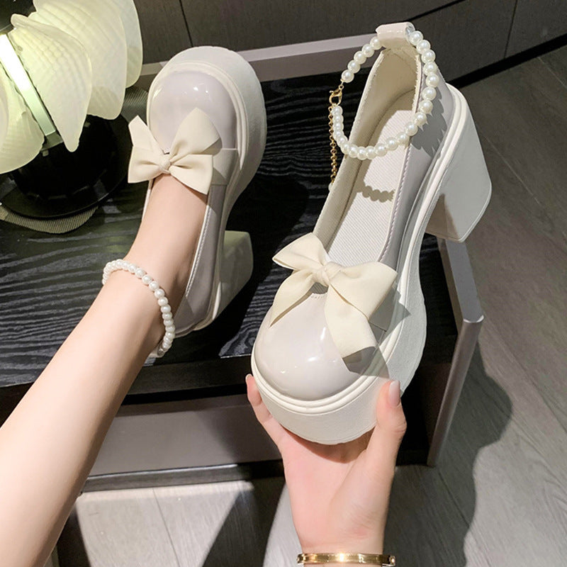 Sarah Express Pearl Bow Platform Block Heel Shoes