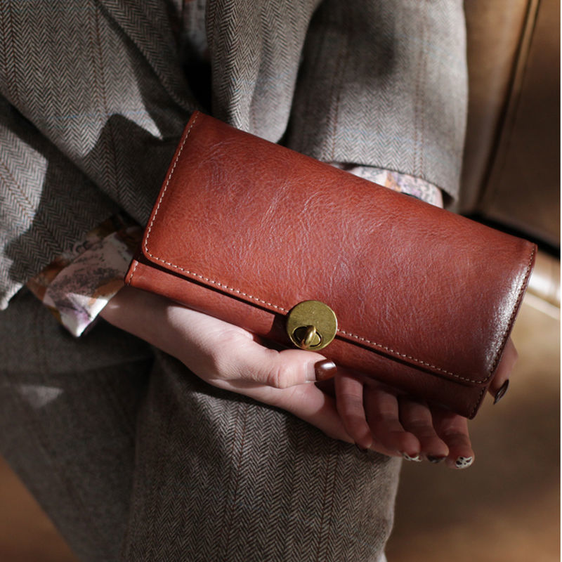 Sarah Express Retro Cowhide Leather Long Wallet