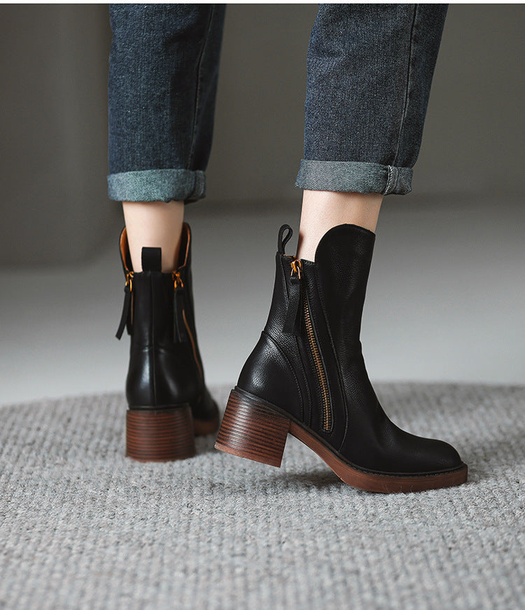 Sarah Express Retro Side Zipper Block Heel Boots