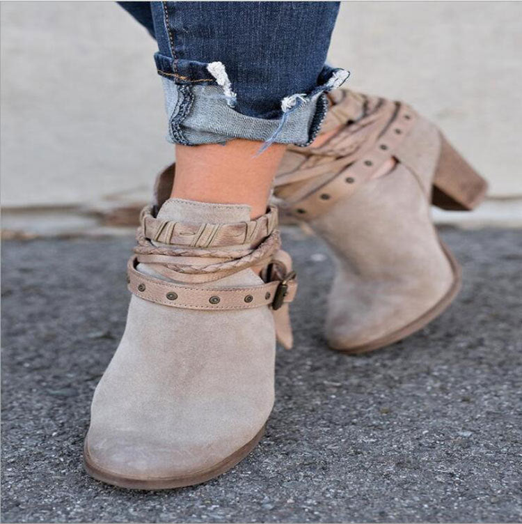 Sarah Express Women's Suede Rivet Buckle Martin Boots Beige