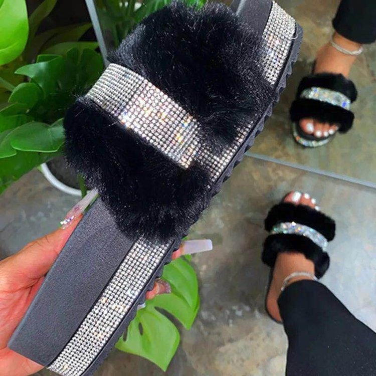 Sarah Express Women's Rhinestone Platform Fur Slides