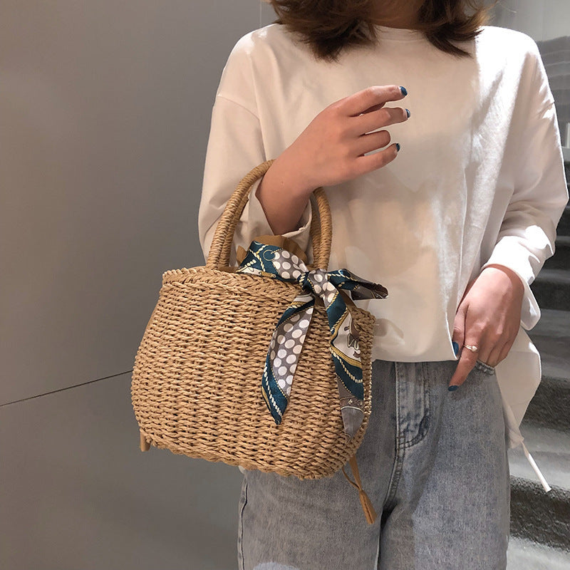 Sarah Express Hand-Woven Straw Drawstring Bucket Bag