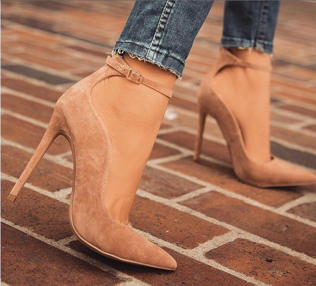 Sarah Express Pointed Toe Stiletto Buckle Heels Beige