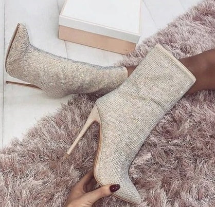 Sarah Express Rhinestone Stiletto Pointed Toe Heeled Boots