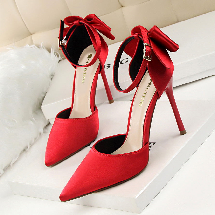 Sarah Express Pointed Toe Stiletto Bow Ankle Sandals Red