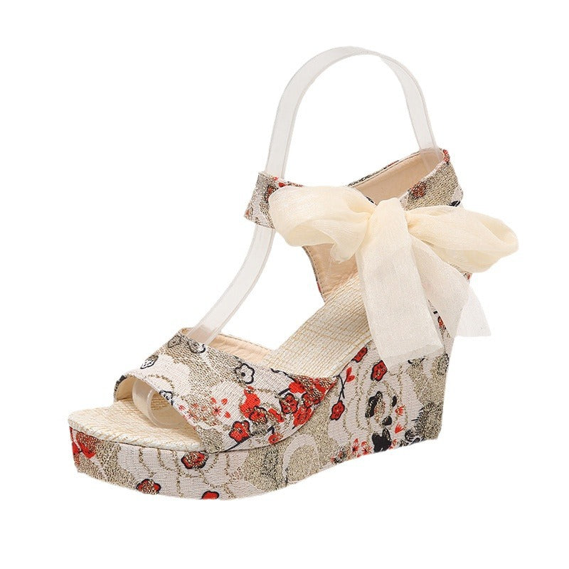 Sarah Express Printed Lace-Up Round Toe Wedge Sandals