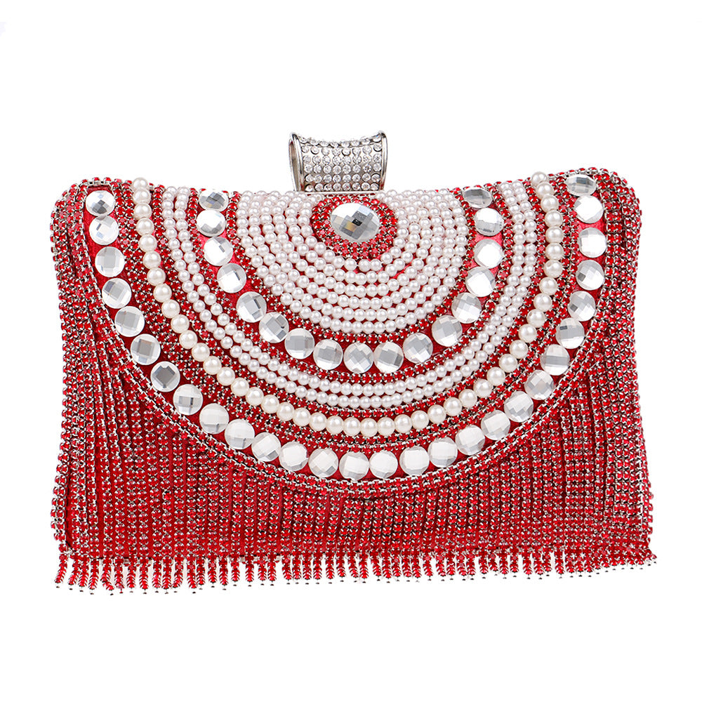 Sarah Express Crystal Tassel Evening Banquet Clutch Bag Red