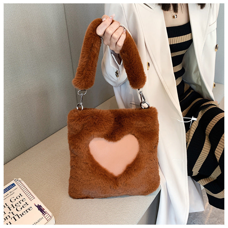 Sarah Express Plush Heart Detail Vertical Shoulder Bag