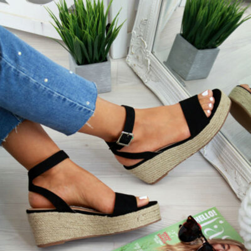 Sarah Express Women's Platform Wedge Ankle Strap Sandals Black