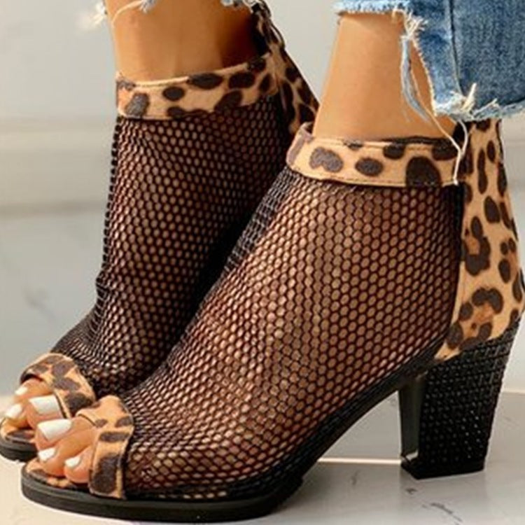 Sarah Express Fish Mouth Mesh High Heel Boots Leopard Print