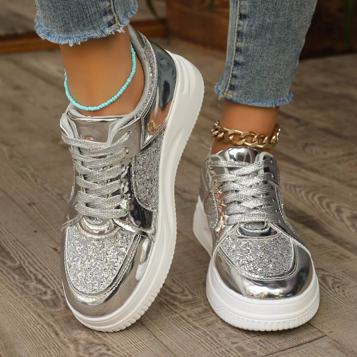 Sarah Express Women's Sequin Lace-Up Casual Sneakers