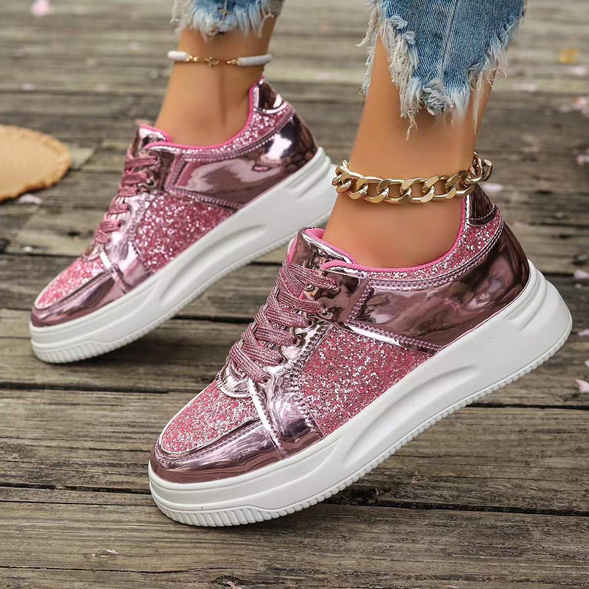 Sarah Express Women's Sequin Lace-Up Casual Sneakers