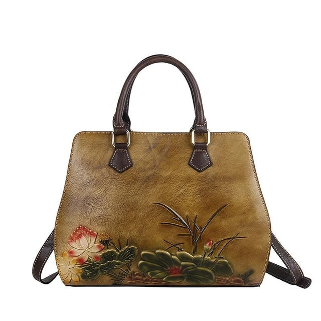 Sarah Express Floral Embossed Cowhide Structured Handbag